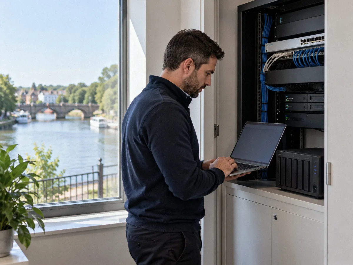 An IT engineer checking a laptop beside a compact backup unit in a small, tidy server cupboard of a riverside office