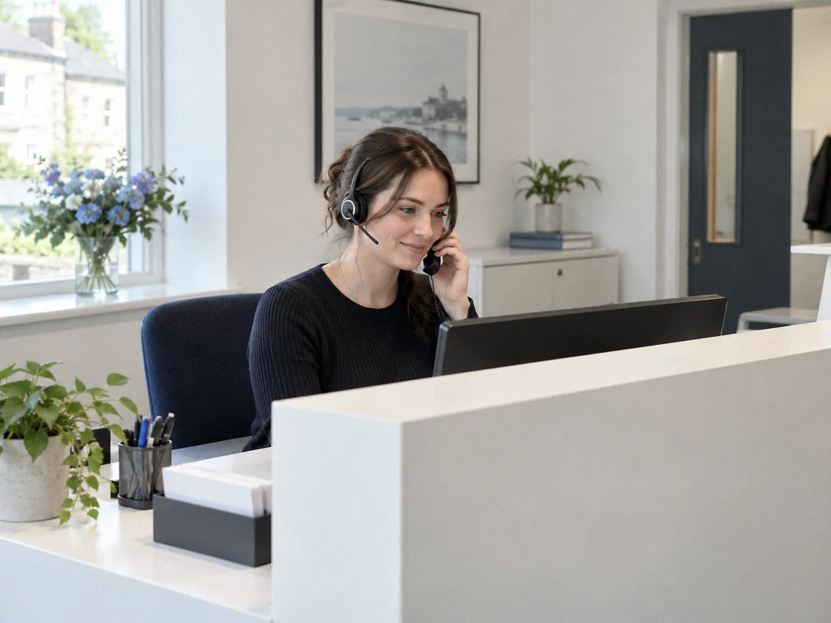 A receptionist at a bright, simple front desk of a small UK office answering a call on a sleek black desk phone, wearing a light headset