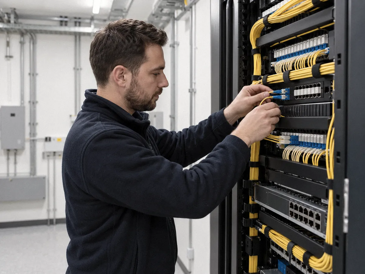 An engineer patching fibre cables into a neat comms rack in the riser room of a modern office building