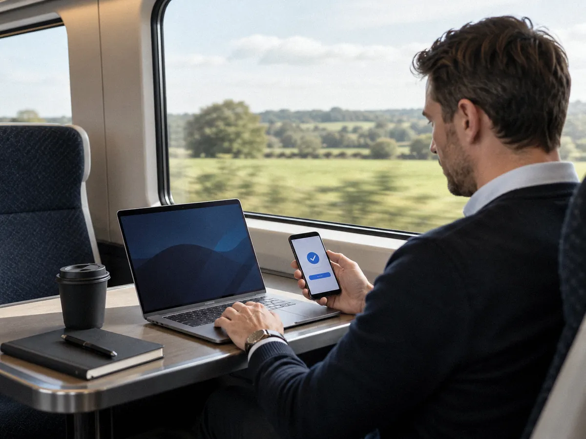 A professional working on a laptop at a table seat on a modern UK commuter train, holding a phone that shows a plain sign-in approval screen