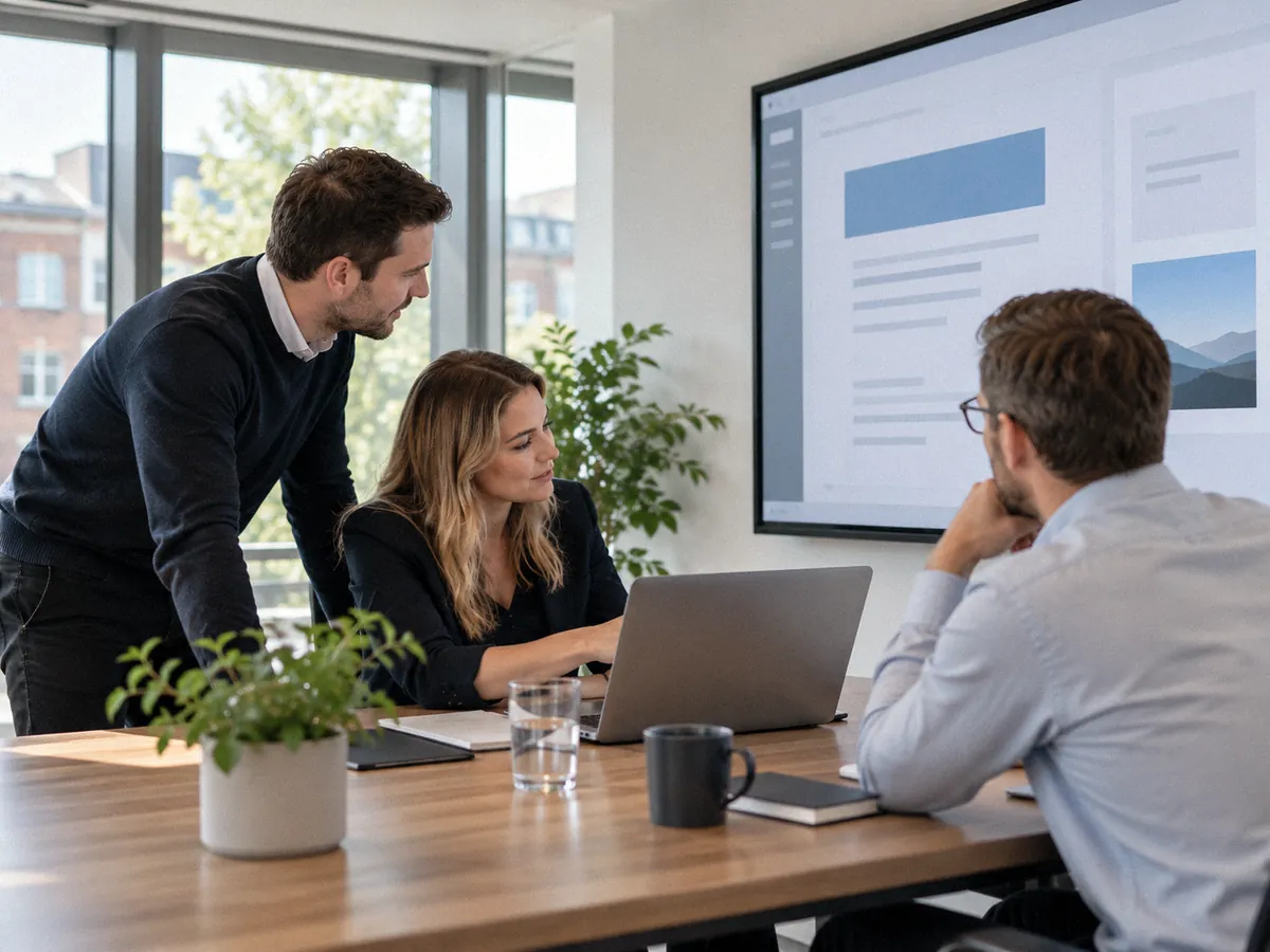 A small team of three collaborating around a laptop and a large wall screen showing an abstract shared document layout in a bright modern office